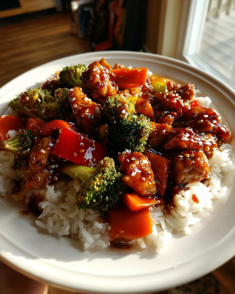 A plate of Irresistible Teriyaki Chicken Stir Fry with broccoli and red peppers served over white rice, garnished with sesame seeds.