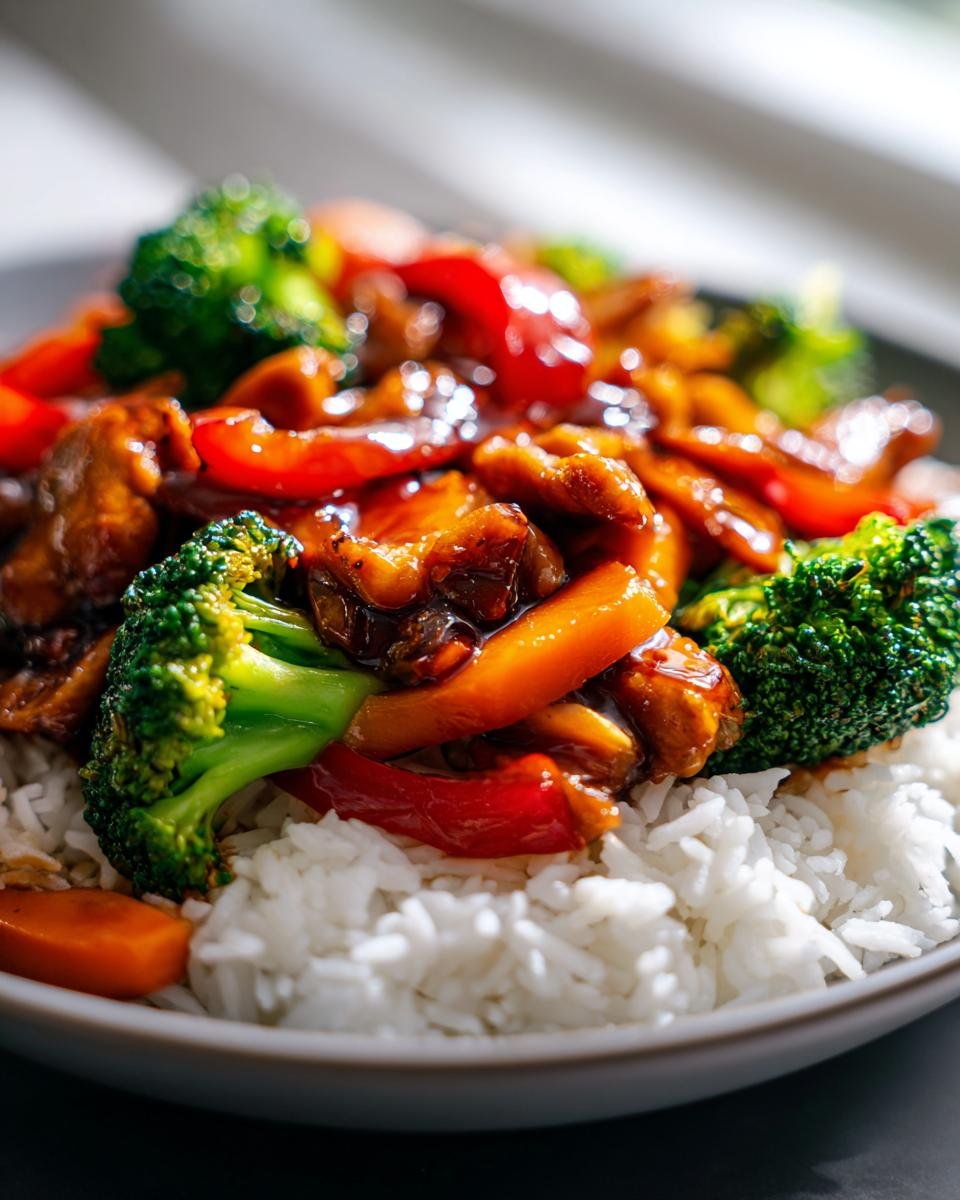 Close-up of Irresistible Teriyaki Chicken Stir Fry with broccoli and red peppers served over white rice.
