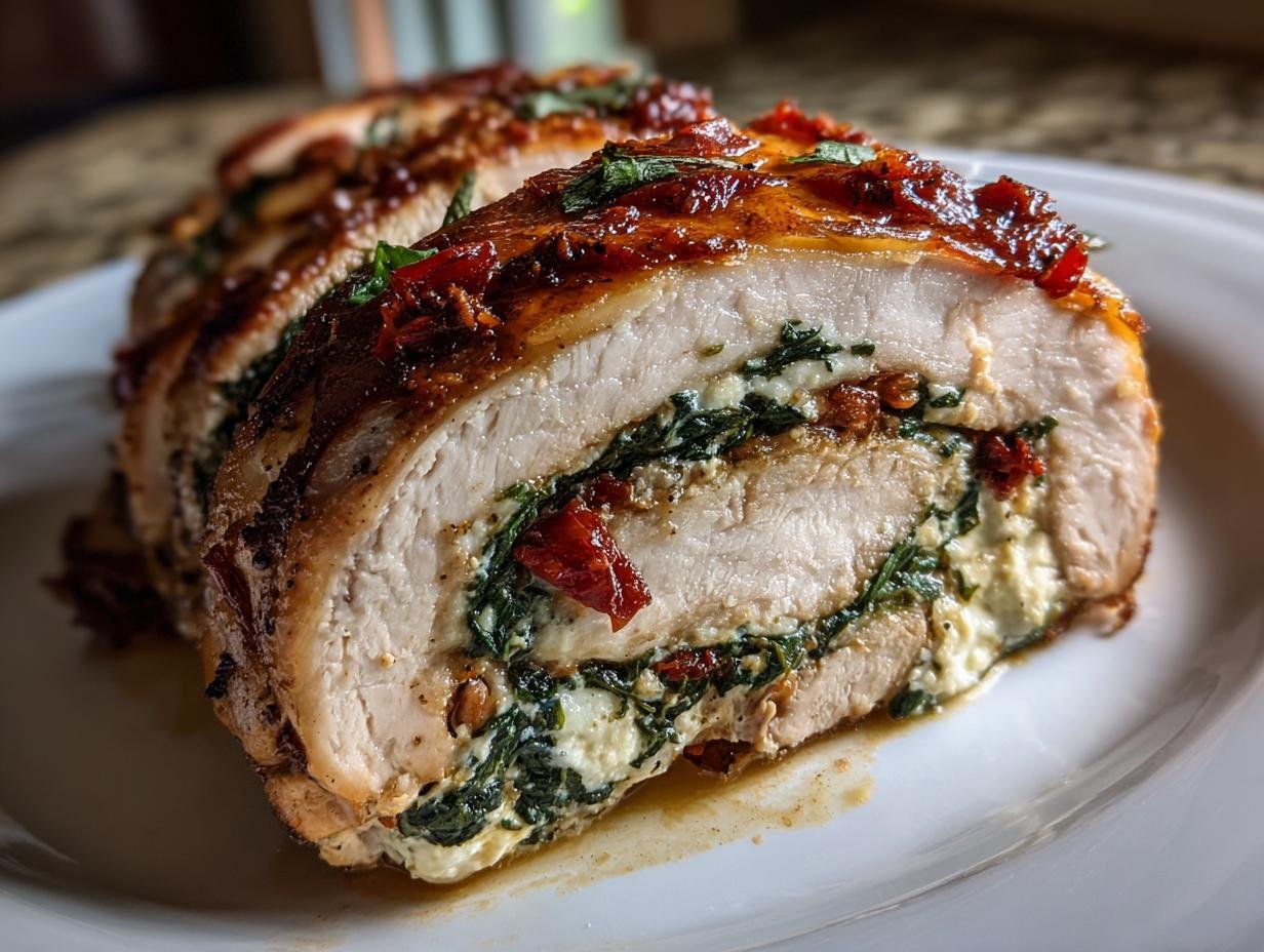 Close-up of a thick slice of Irresistible Turkey Roulade stuffed with spinach, cheese, and sun-dried tomatoes.
