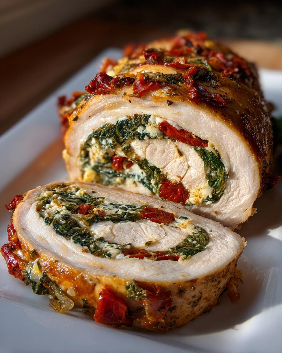 A cross-section of Irresistible Turkey Roulade showing a spiral filling of spinach, feta, and sun-dried tomatoes.