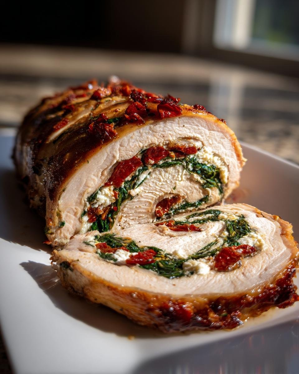 A close-up of a sliced Irresistible Turkey Roulade showing the filling of spinach, cheese, and sun-dried tomatoes.