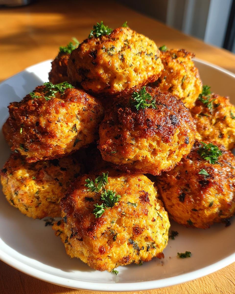 A close-up of golden brown Irresistible Turkey Stuffing Balls stacked high and garnished with fresh parsley.