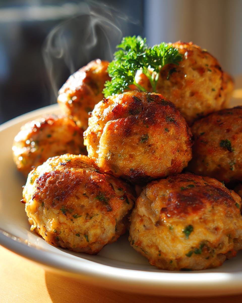Close-up of hot, freshly cooked Irresistible Turkey Stuffing Balls piled on a white plate, garnished with parsley.