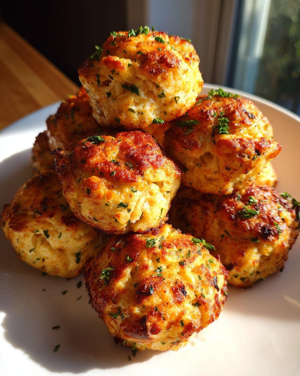 A stack of golden brown, freshly baked Irresistible Turkey Stuffing Balls garnished with parsley.