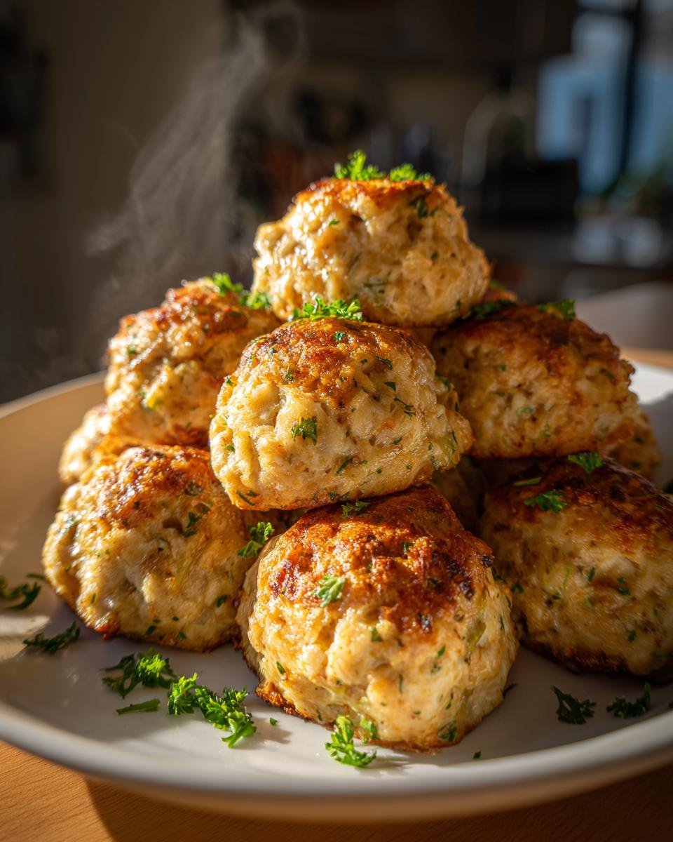 A stack of hot, golden-brown Irresistible Turkey Stuffing Balls garnished with fresh parsley, steaming slightly.