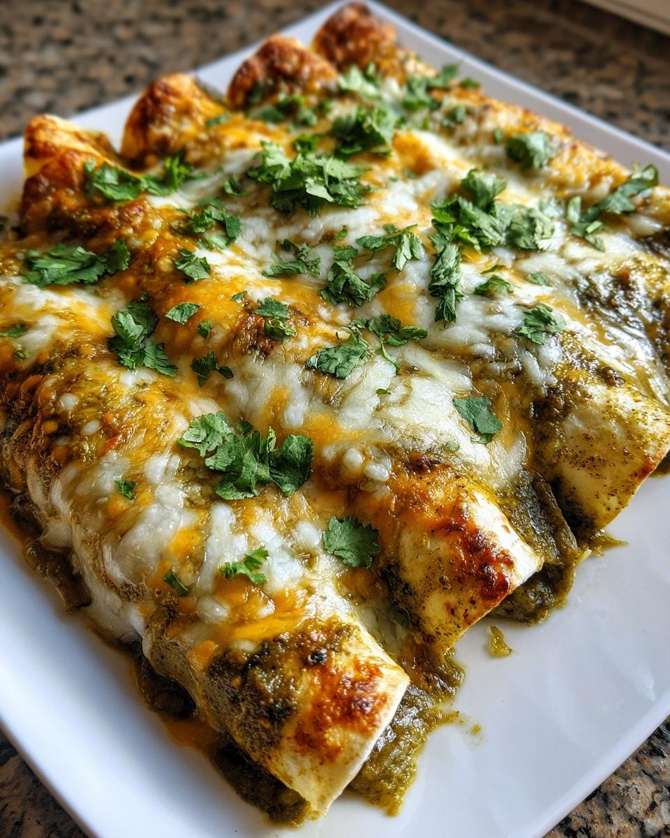 Close-up of baked Irresistible Vegan Enchiladas Verdes smothered in green sauce and melted vegan cheese, topped with cilantro.