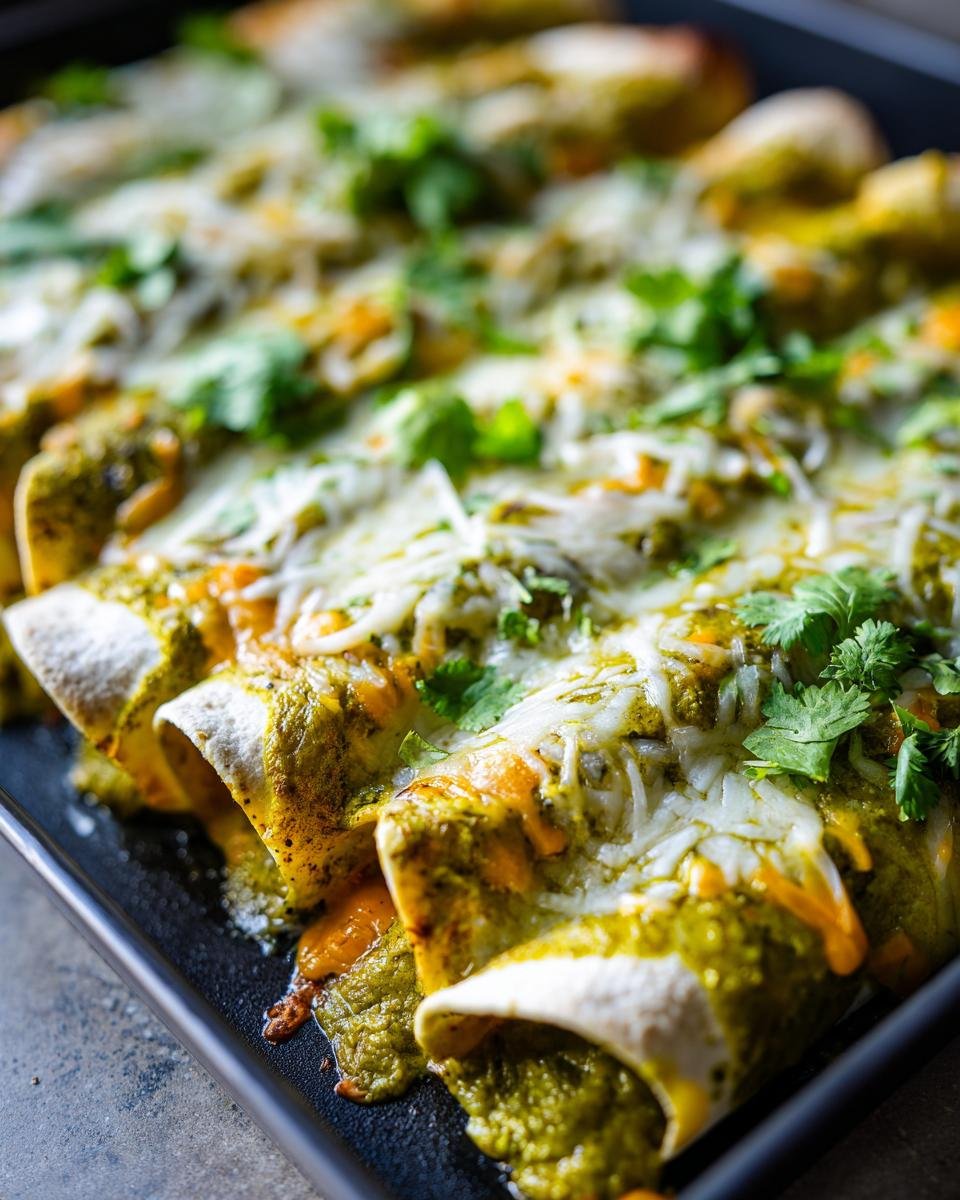 Close-up of baked Irresistible Vegan Enchiladas Verdes covered in green salsa, melted vegan cheese, and fresh cilantro.