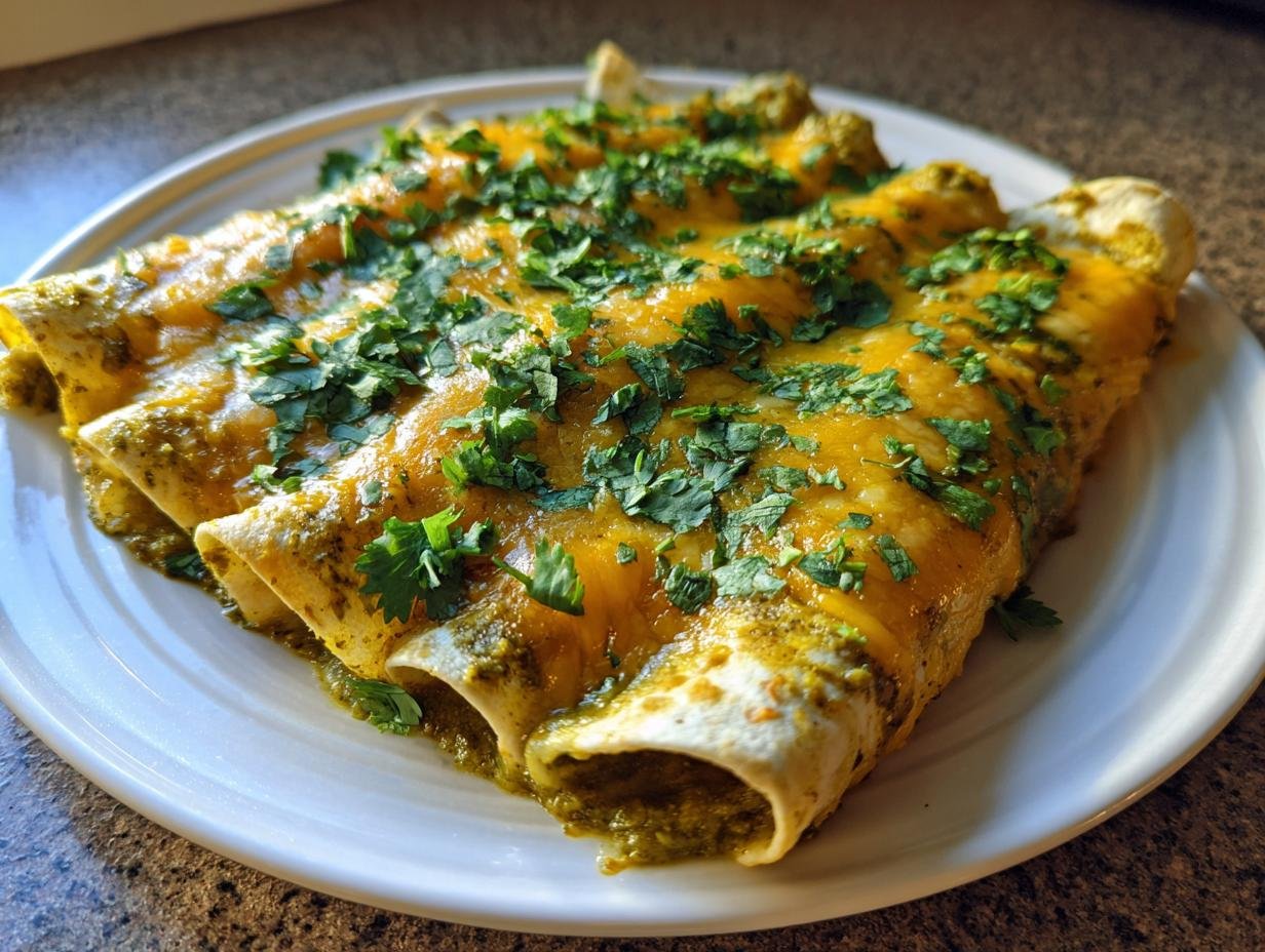 Close-up of three Irresistible Vegan Enchiladas Verdes smothered in green sauce, melted vegan cheese, and fresh cilantro.