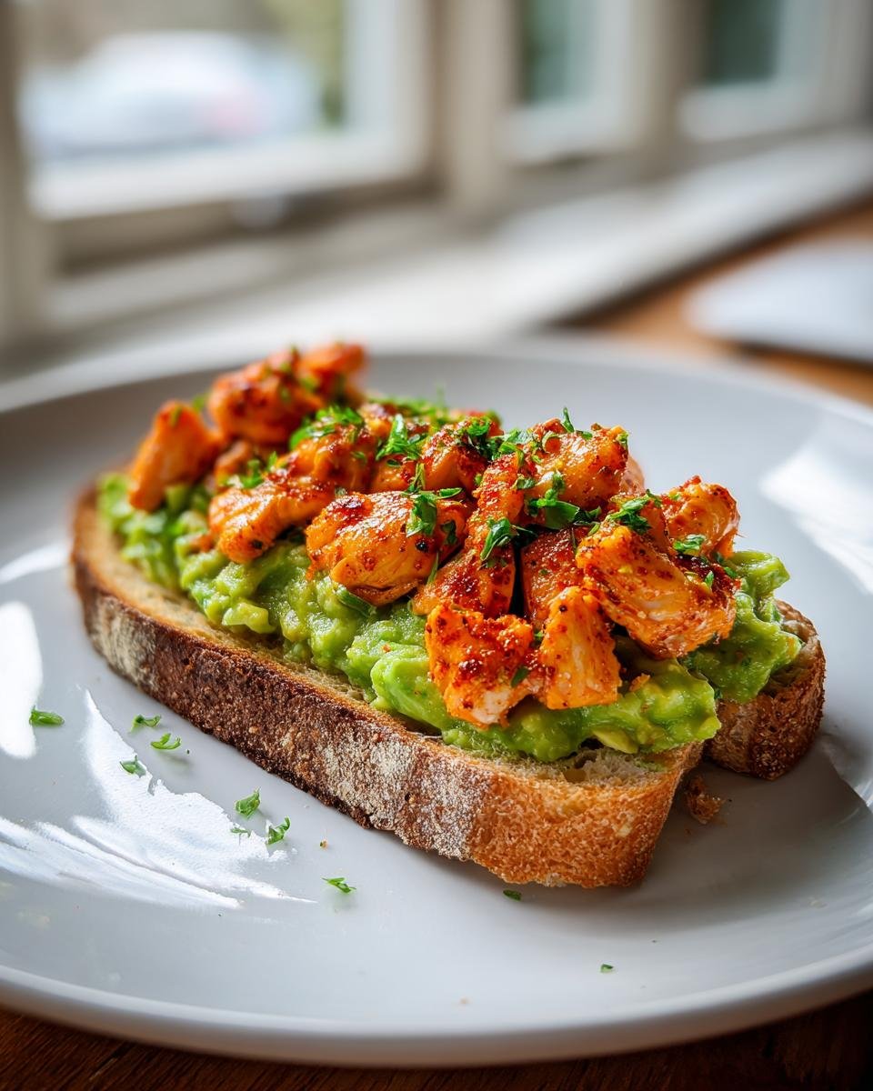 Close-up of Jerk Salmon Avocado Toast featuring spiced salmon chunks over mashed avocado on toasted bread.