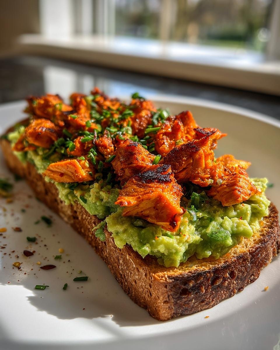 Close-up of Jerk Salmon Avocado Toast featuring mashed avocado on toasted bread topped with seasoned salmon chunks and chives.