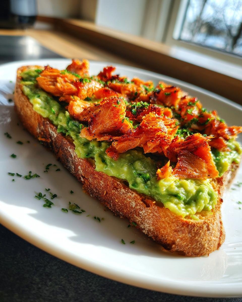 A slice of toasted bread topped with mashed avocado and flaky, seasoned Jerk Salmon Avocado Toast.