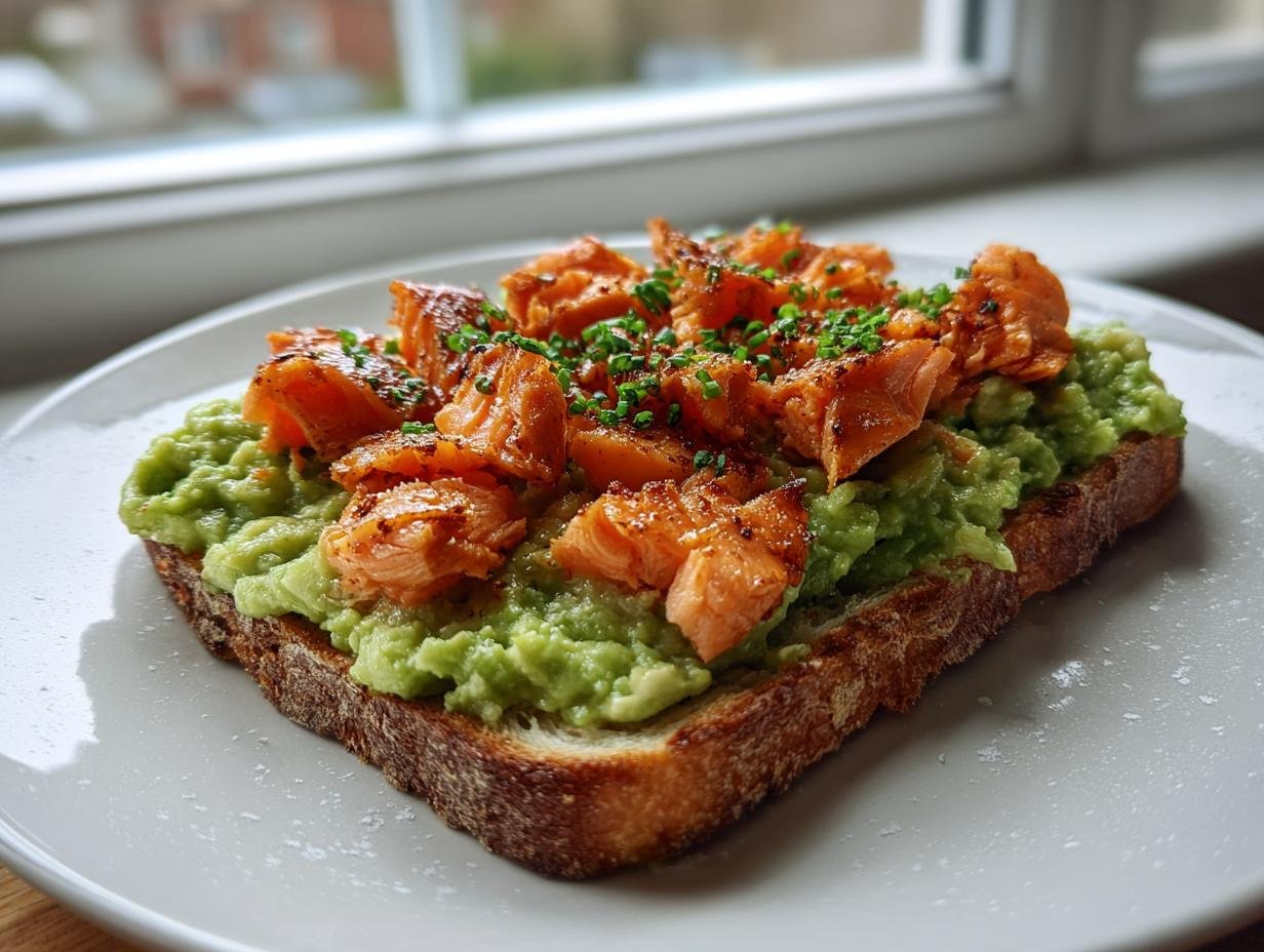 A slice of Jerk Salmon Avocado Toast featuring flaky salmon over mashed avocado on toasted bread.
