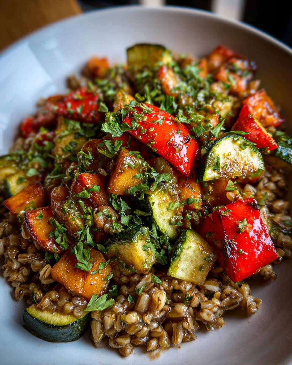 Close-up of a Jerk Vegetable Farro Bowl featuring roasted zucchini, red peppers, and squash over farro, topped with herbs.