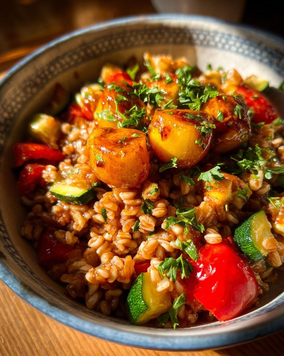 Close-up of a Jerk Vegetable Farro Bowl featuring farro, zucchini, red peppers, and glazed apple pieces, topped with parsley.