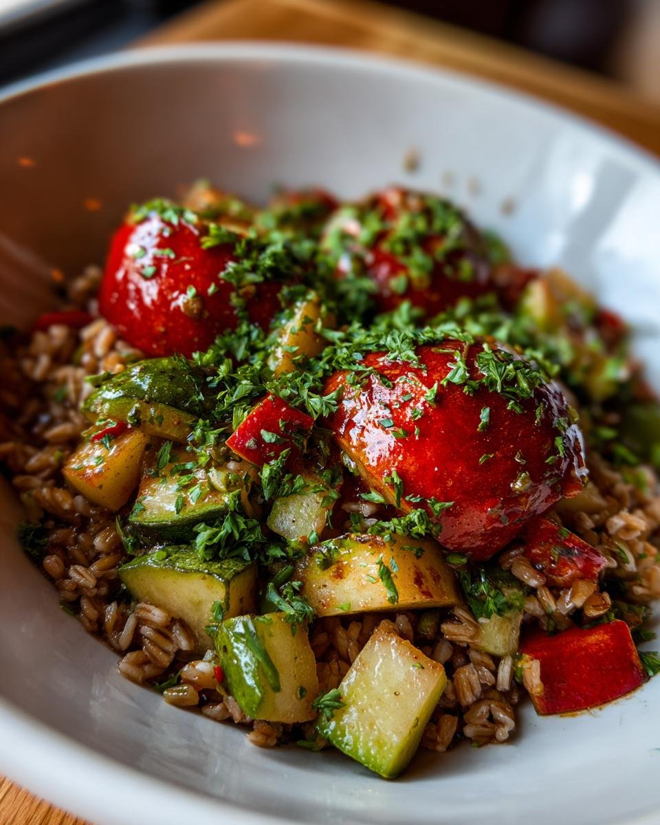 Close-up of a Jerk Vegetable Farro Bowl featuring farro, zucchini, and glazed red apples, topped with fresh parsley.