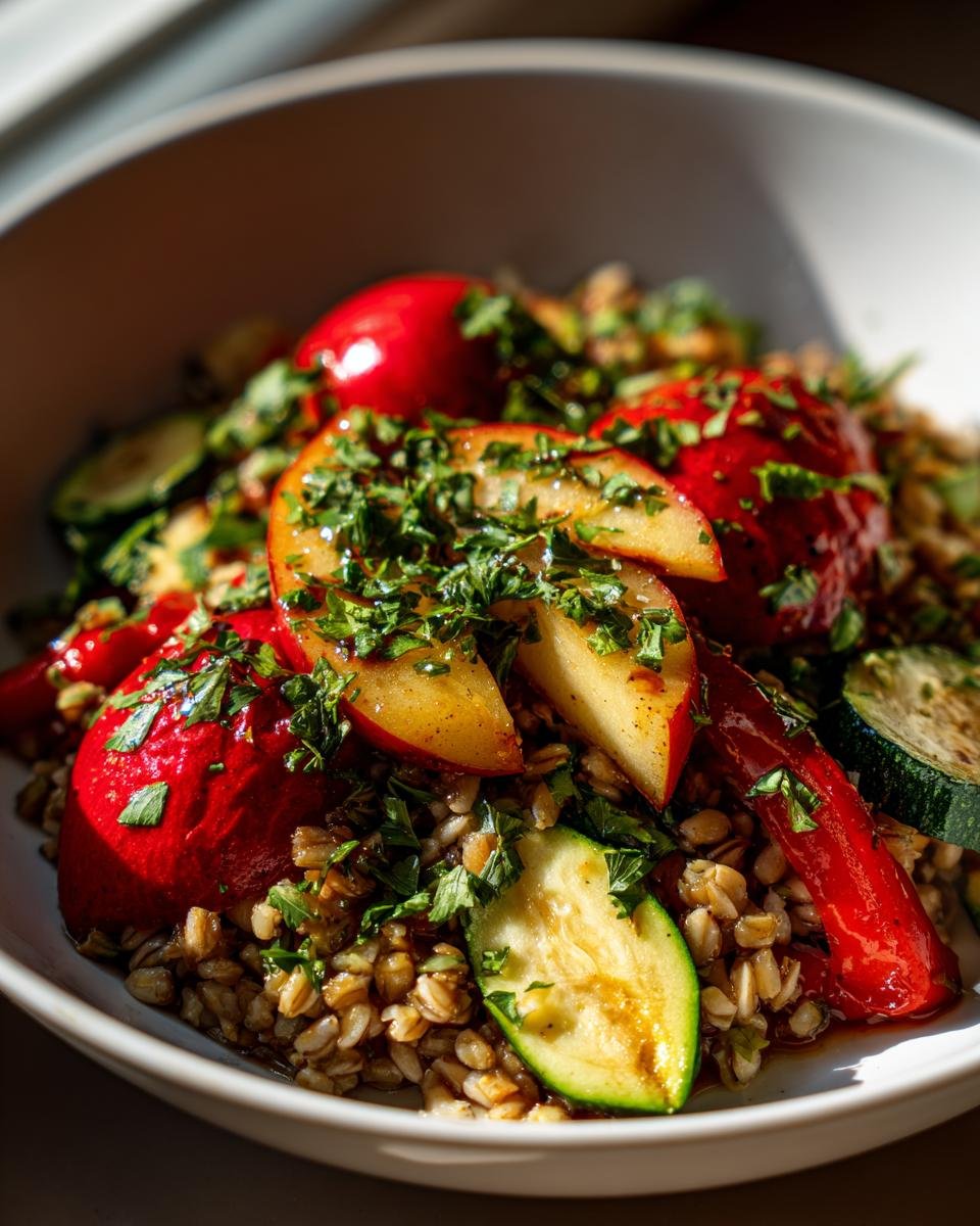 A close-up of the finished Jerk Vegetable Farro Bowl With Maple Herb Apples, featuring farro, red peppers, zucchini, and apple slices.