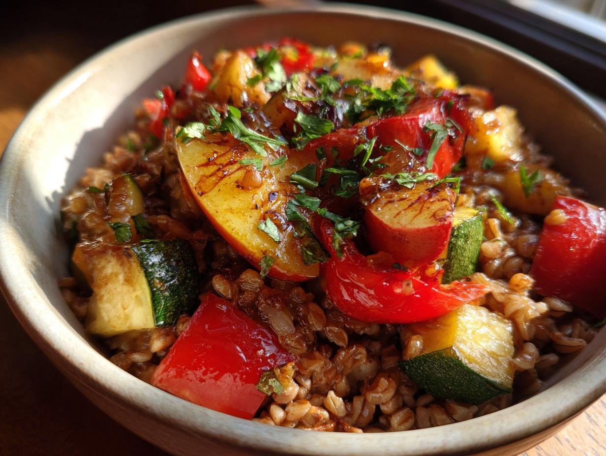 Close-up of a Jerk Vegetable Farro Bowl featuring farro, zucchini, red peppers, and maple herb apples.