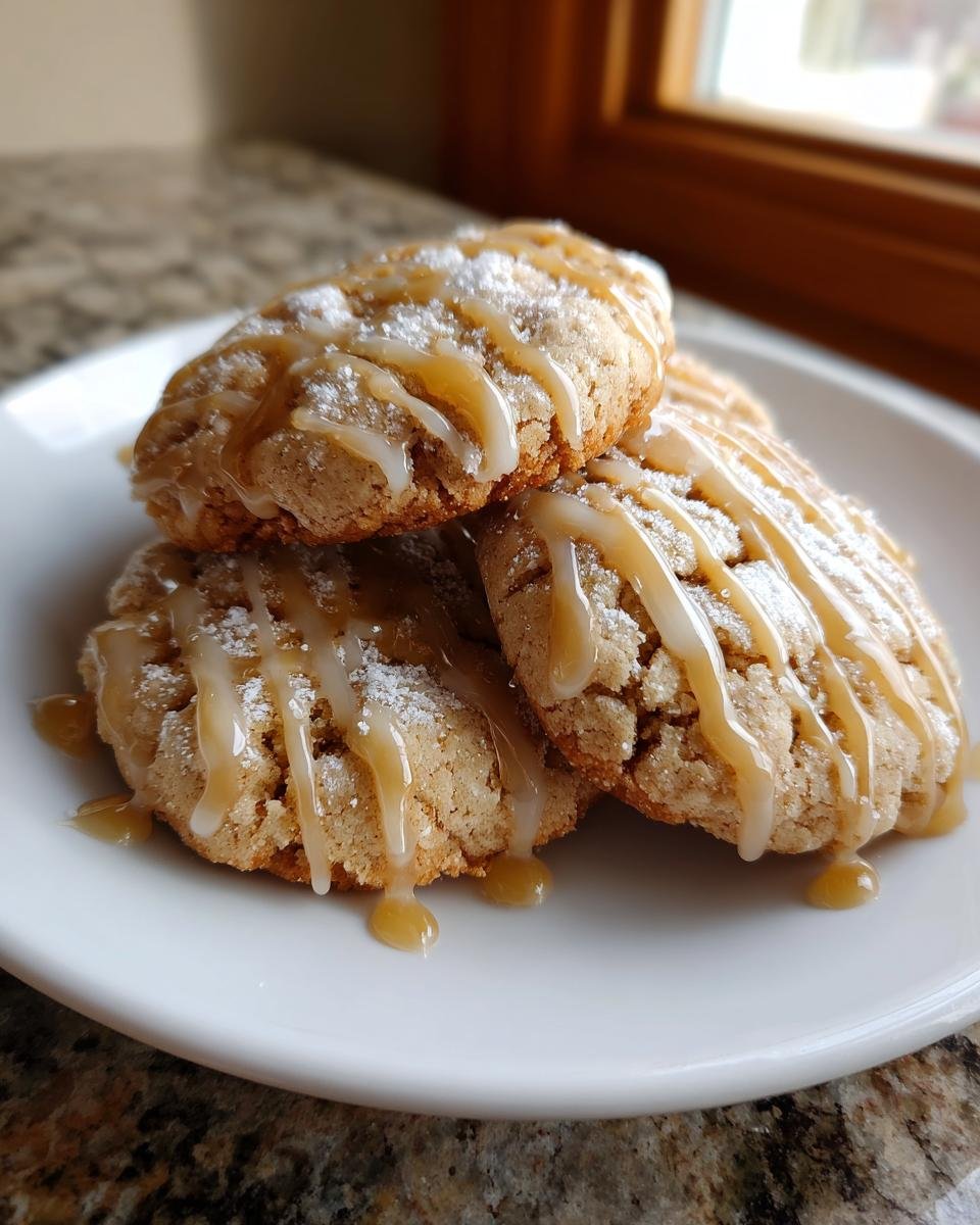 Close-up of three Magical Butterbeer Cookies stacked on a white plate, drizzled with caramel and dusted with powdered sugar.