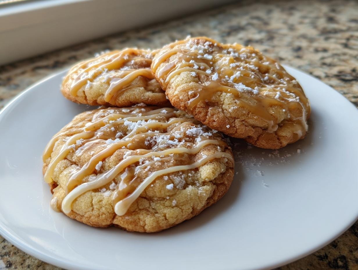 Three soft, chewy Magical Butterbeer Cookies drizzled with caramel and dusted with powdered sugar on a white plate.