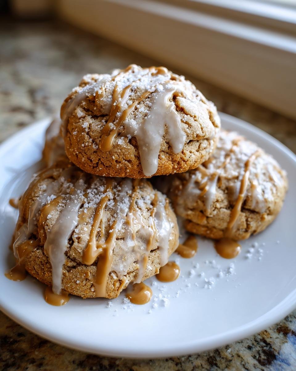A stack of three Magical Butterbeer Cookies drizzled with glaze and caramel, dusted with powdered sugar.