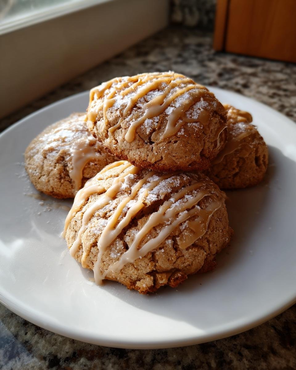A stack of four Magical Butterbeer Cookies drizzled with glaze and dusted with powdered sugar.