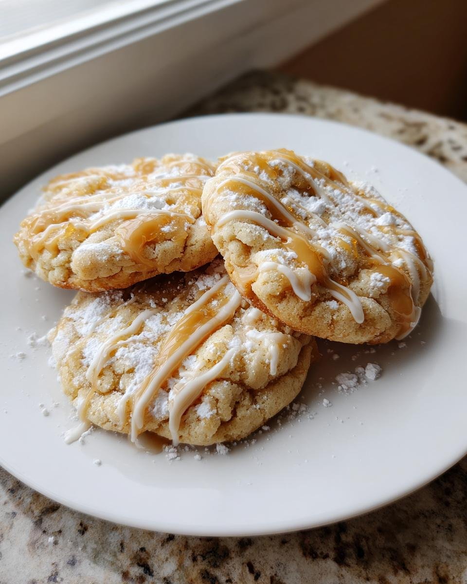 Three Magical Butterbeer Cookies Recipe treats stacked on a white plate, drizzled with caramel and powdered sugar.