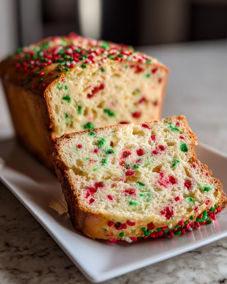 A slice of Magical Christmas Sprinkle Buttermilk Bread showing red and green sprinkles throughout the crumb.