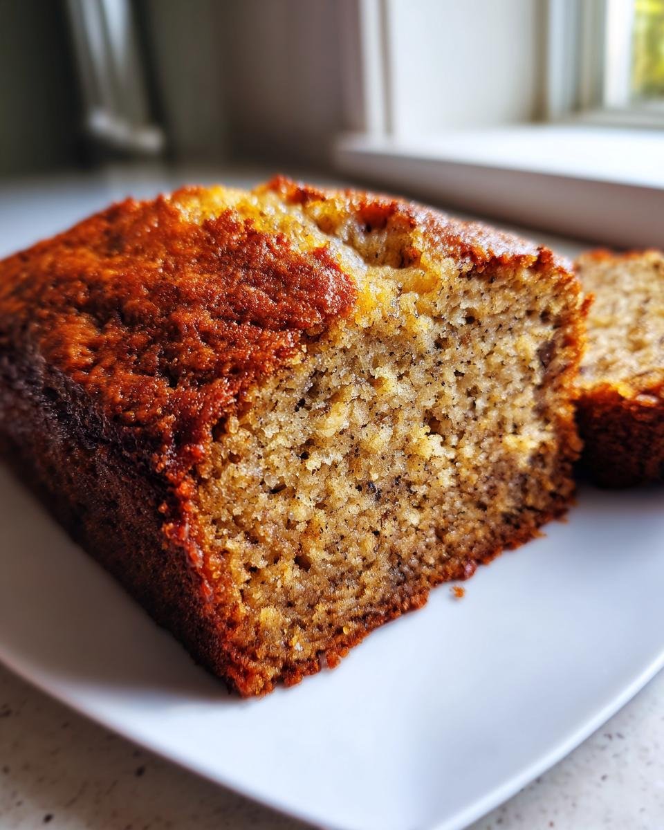 Close-up of a moist slice of Irresistible Cake Mix Banana Bread showing its rich brown crust and speckled interior.