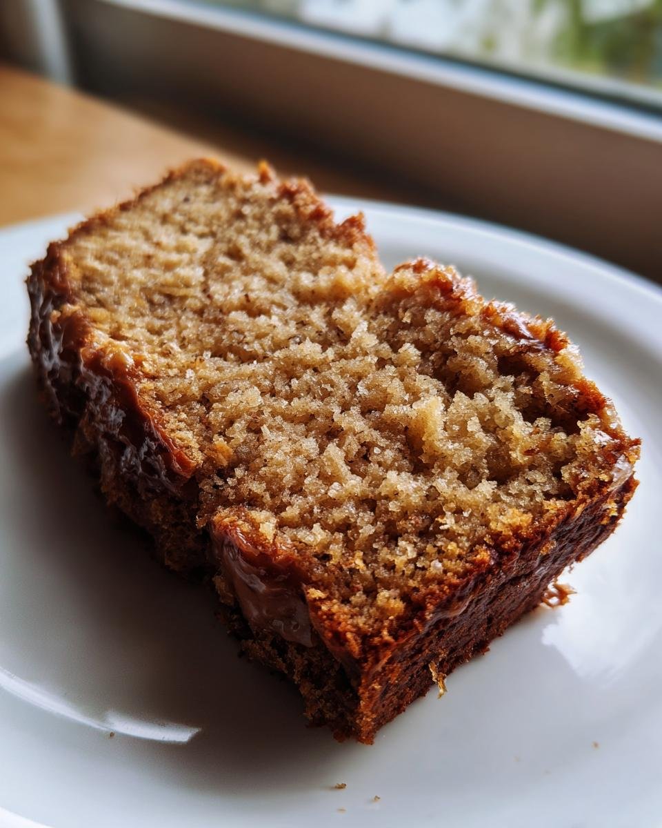Two moist slices of cake mix banana bread with a caramelized top resting on a white plate.