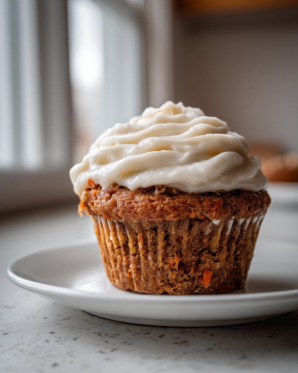 A single, perfectly baked Irresistible Mothers Day Carrot Cake Muffin topped with thick cream cheese frosting, sitting on a white plate.