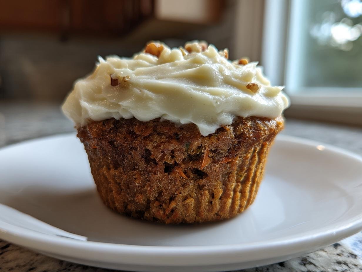 A single, perfectly baked Irresistible Mothers Day Carrot Cake Muffin topped with thick cream cheese frosting and chopped nuts.