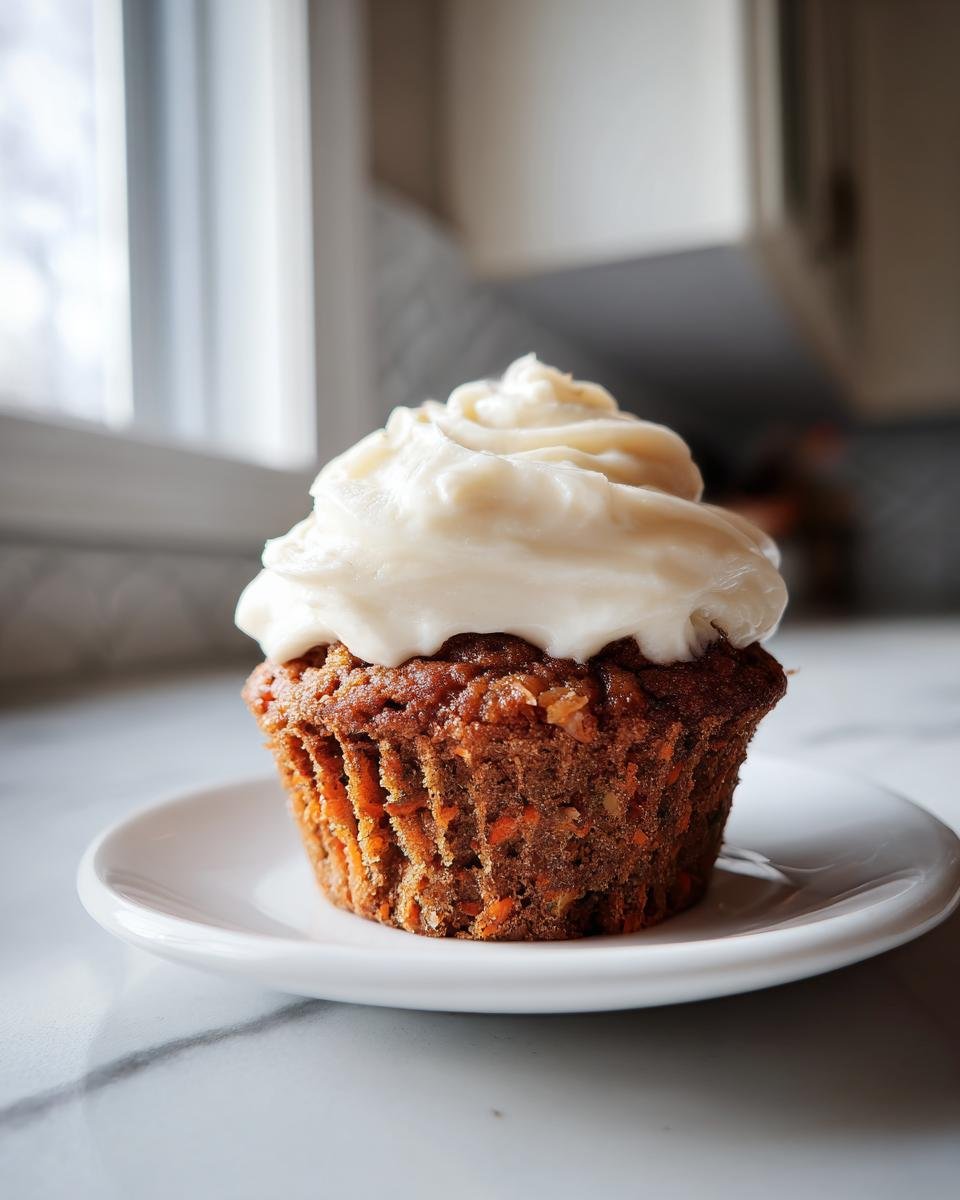 A single, perfectly baked Mothers Day Carrot Cake Muffin topped with a swirl of cream cheese frosting, sitting on a white plate.