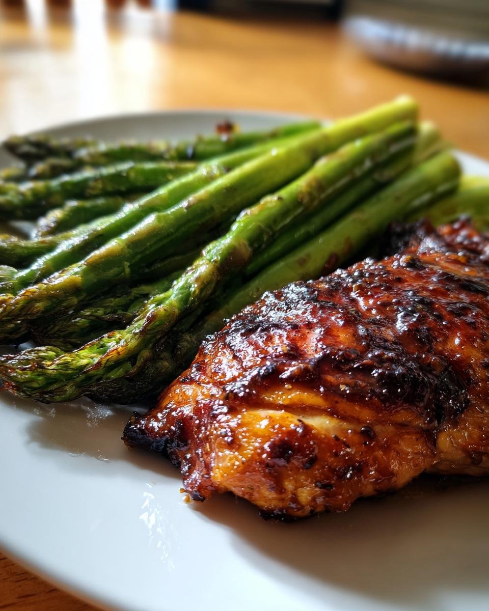 Close-up of a piece of glazed chicken next to roasted asparagus, part of the Delightful One Pan Balsamic Chicken And Asparagus Recipe.
