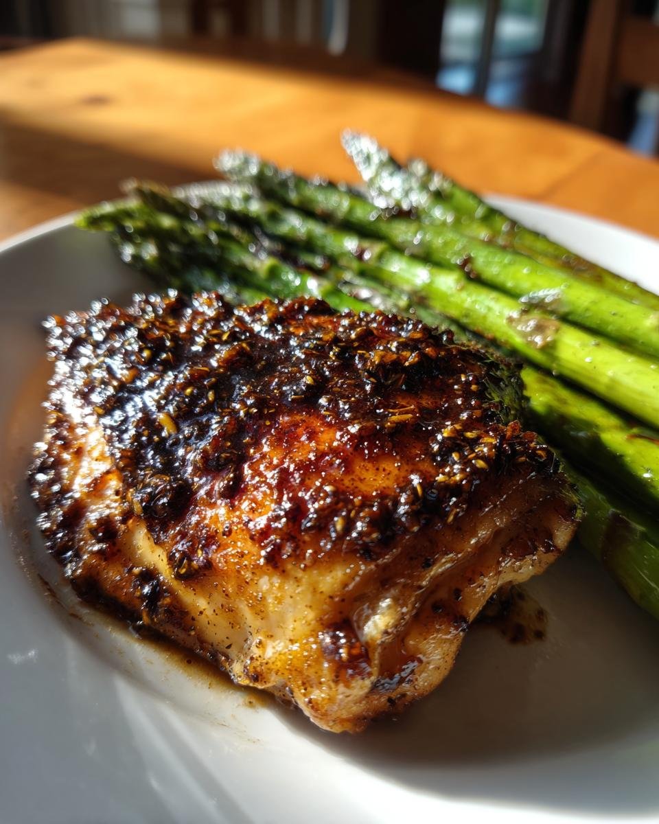 Close-up of a perfectly cooked piece of chicken coated in a dark balsamic glaze next to roasted asparagus.