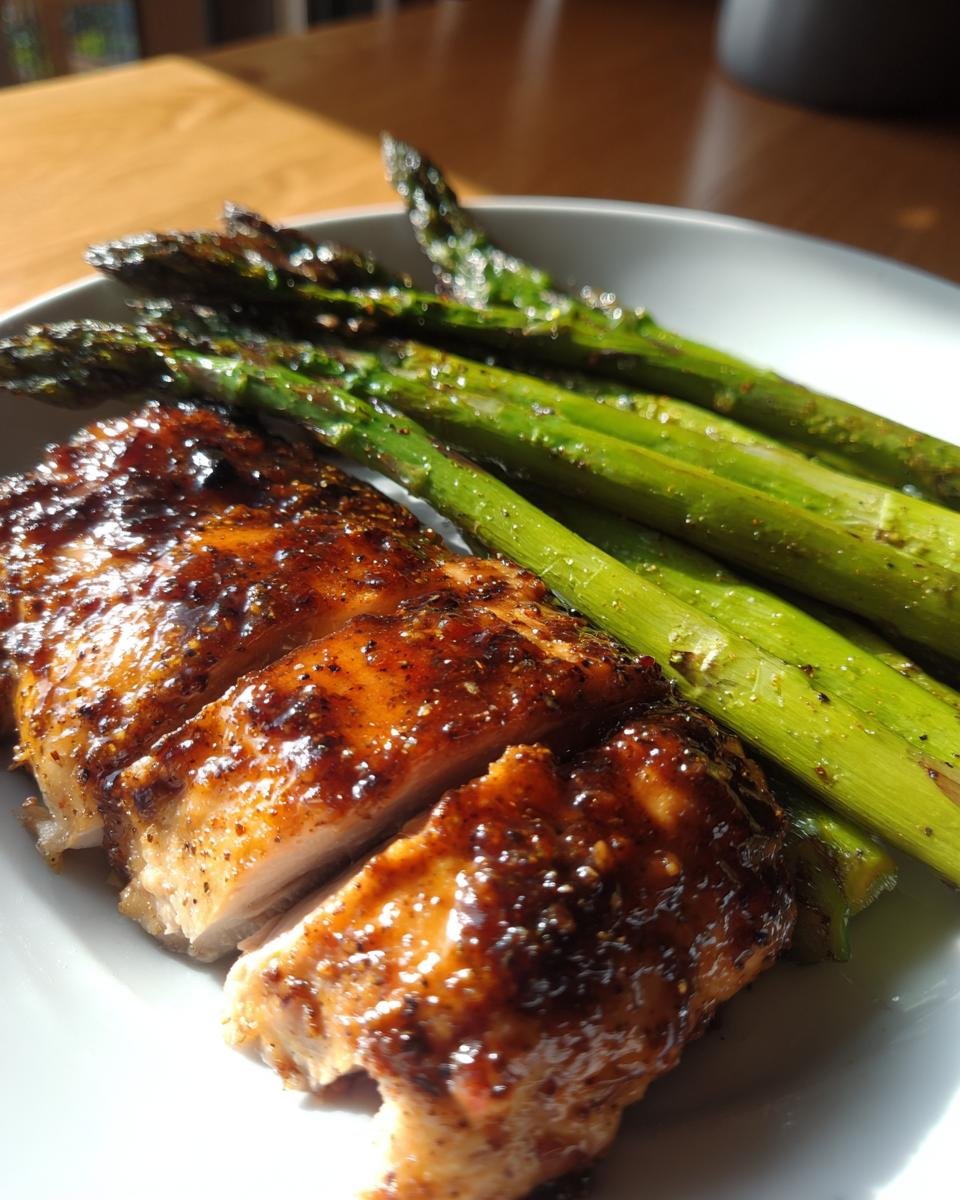 Close-up of sliced, glazed chicken breast next to roasted asparagus spears from a Delightful One Pan Balsamic Chicken And Asparagus Recipe.