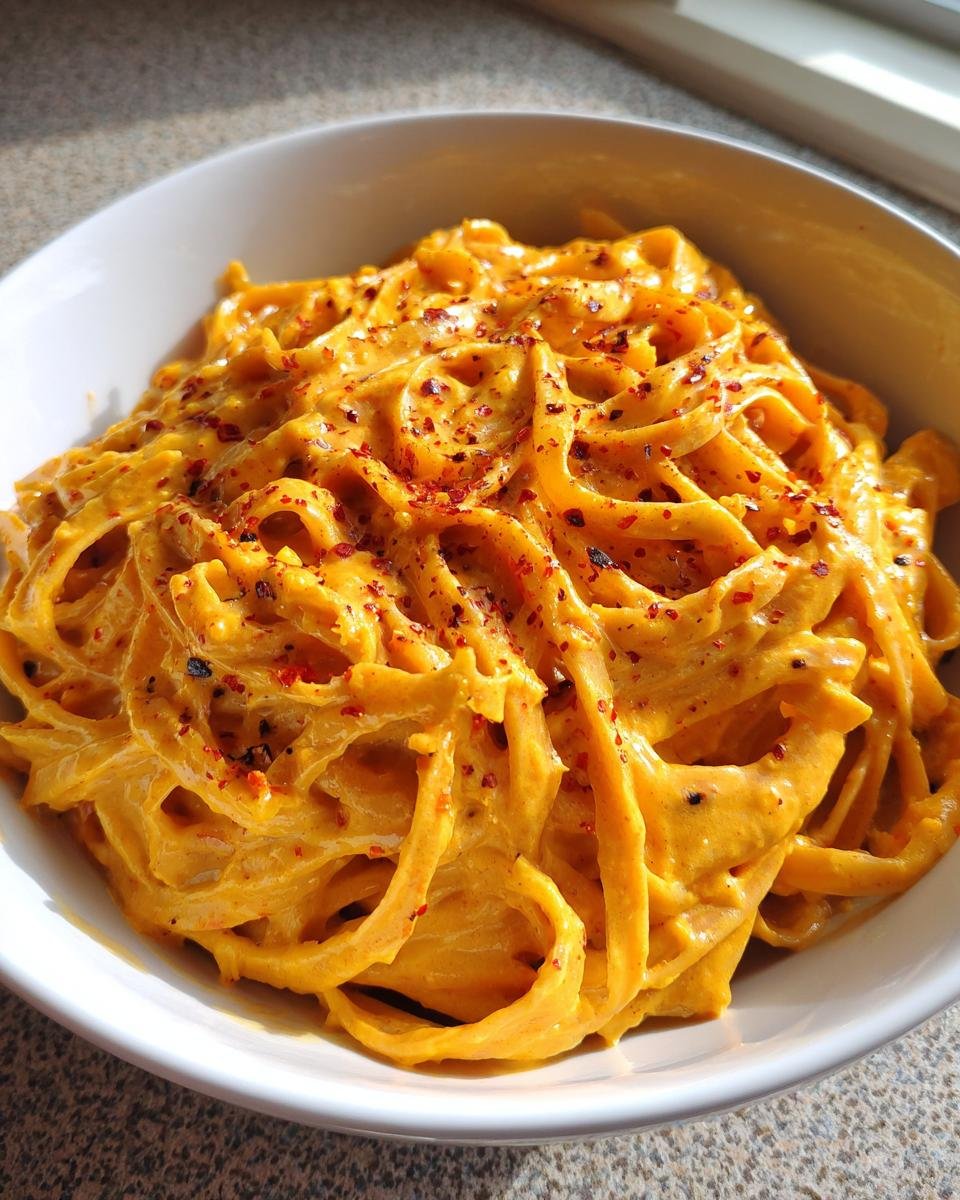 A close-up of One Pot Cajun Pumpkin Alfredo Pasta coated in a rich orange sauce and sprinkled with red pepper flakes.