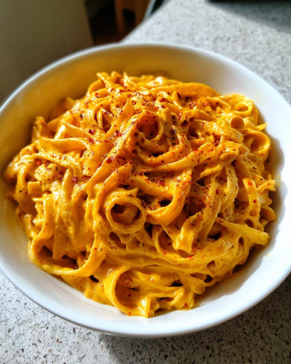 Close-up of creamy One Pot Cajun Pumpkin Alfredo Pasta tossed with fettuccine noodles and sprinkled with red pepper flakes.