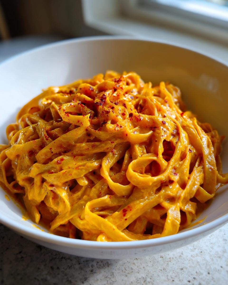 Close-up of fettuccine coated in a rich, orange Cajun pumpkin Alfredo sauce, topped with red pepper flakes.