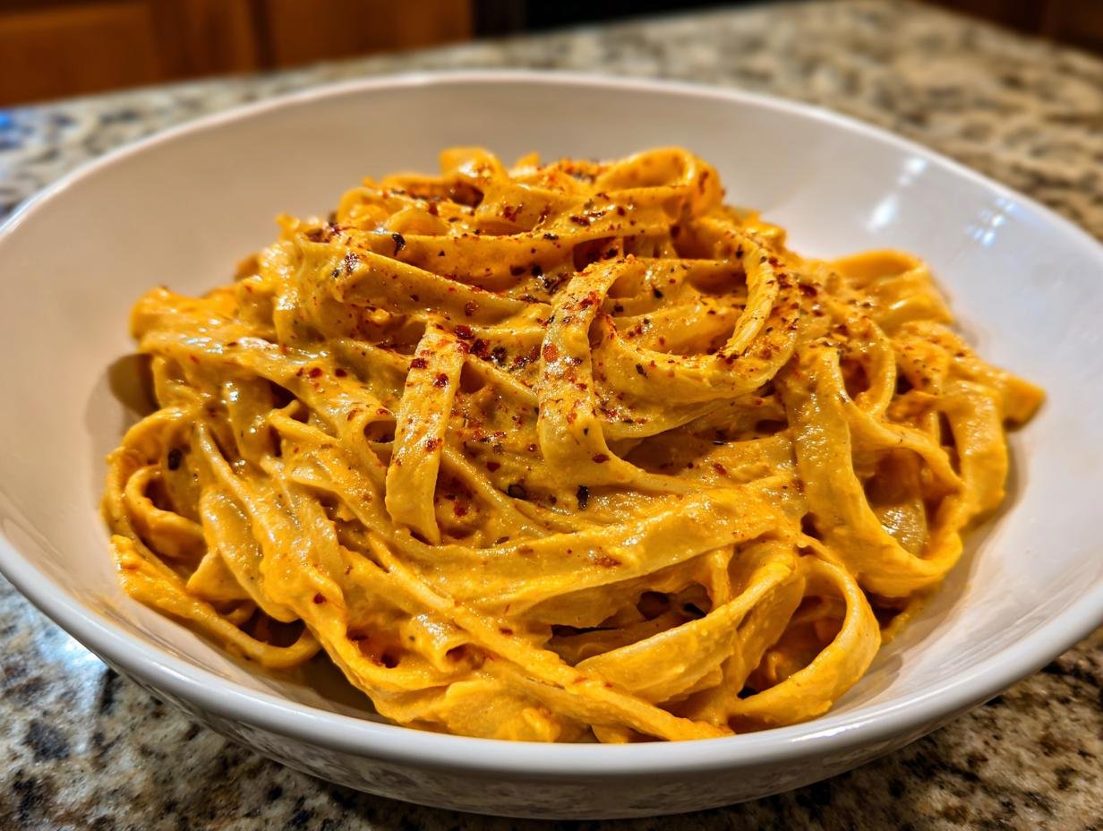 A close-up of fettuccine noodles coated in creamy orange Cajun Pumpkin Alfredo Pasta sauce, topped with red pepper flakes.
