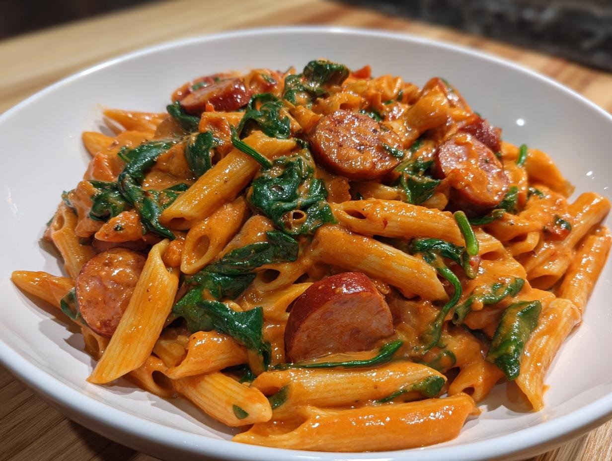 Close-up of Irresistible One Pot Creamy Cajun Pasta featuring penne, sliced sausage, and wilted spinach.