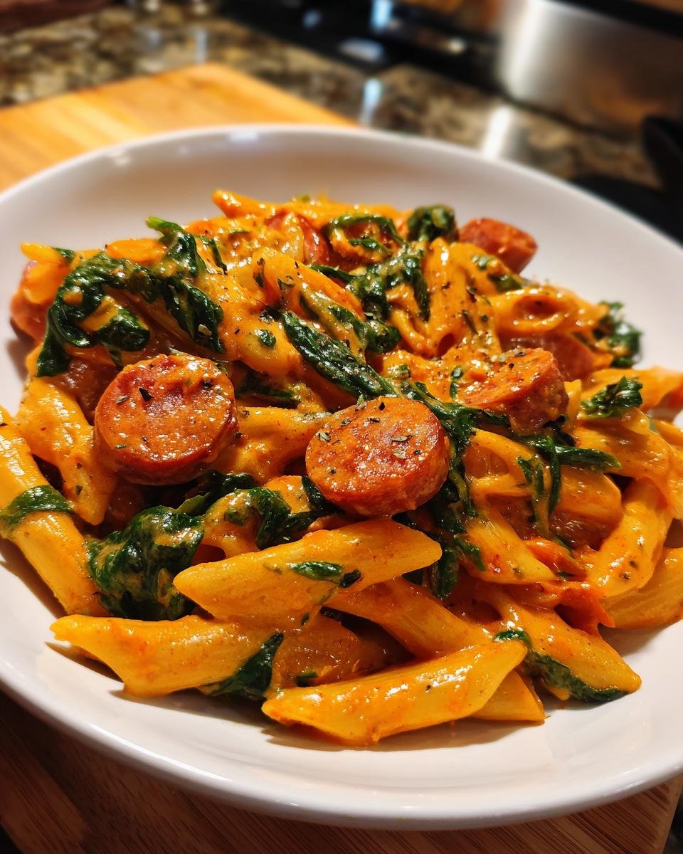 A close-up of a bowl of One Pot Creamy Cajun Pasta featuring penne, smoked sausage slices, and wilted spinach in a rich orange sauce.