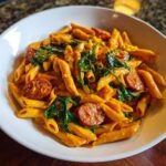 A white bowl filled with Irresistible One Pot Creamy Cajun Pasta featuring penne, smoked sausage slices, and wilted spinach.