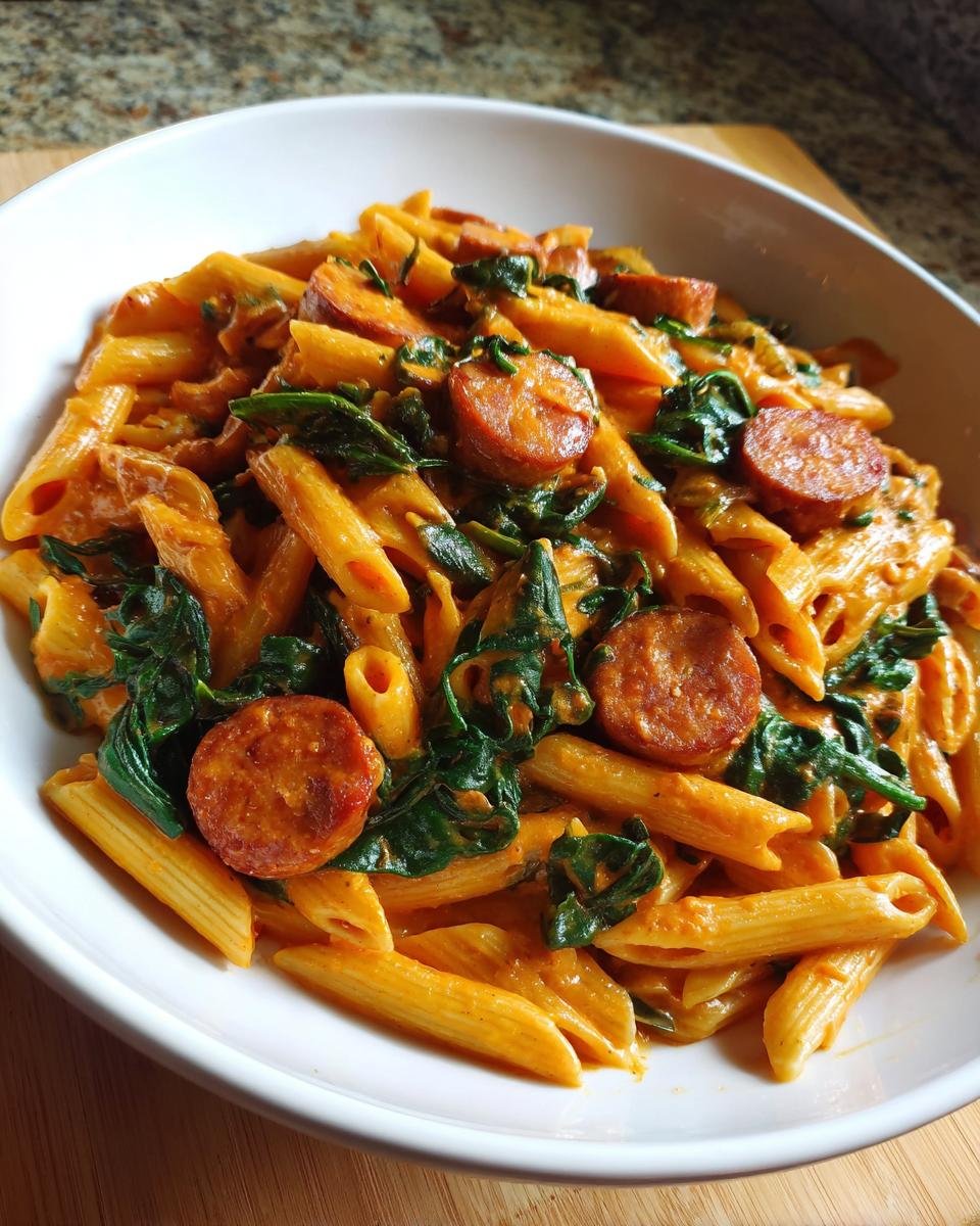 A close-up of Irresistible One Pot Creamy Cajun Pasta featuring penne pasta, sliced sausage, and wilted spinach in a rich sauce.