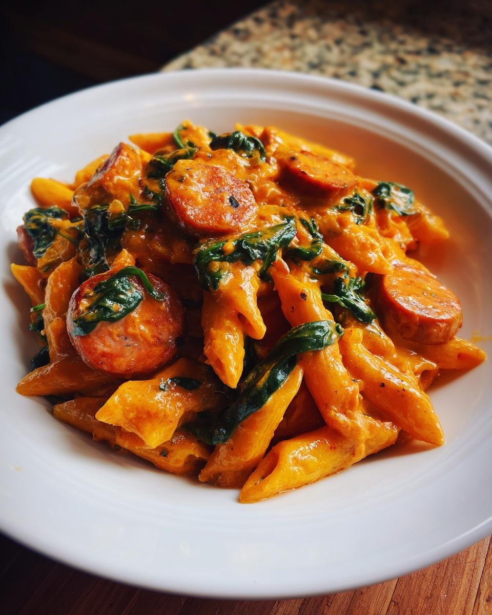 Close-up of a white bowl filled with Irresistible One Pot Creamy Cajun Pasta, featuring penne, sliced sausage, and wilted spinach in an orange sauce.