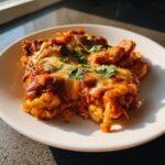 A close-up of a serving of Irresistible One Skillet Saucy Chicken Enchilada Bake topped with melted cheese and cilantro.