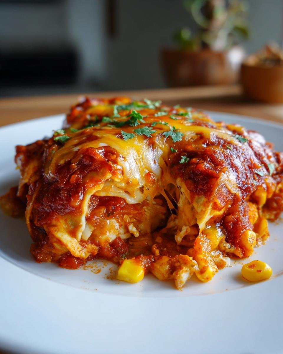 Close-up of a cheesy, saucy serving of One Skillet Saucy Chicken Enchilada Bake with melted cheese and cilantro.