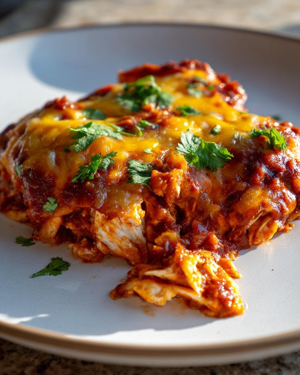 A close-up serving of Irresistible One Skillet Saucy Chicken Enchilada Bake topped with melted cheese and cilantro.
