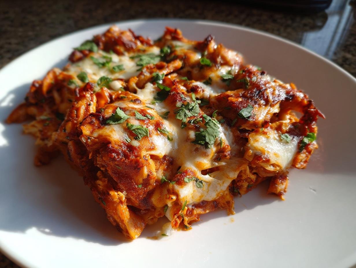 Close-up of a serving of Irresistible One Skillet Saucy Chicken Enchilada Bake topped with melted cheese and parsley.