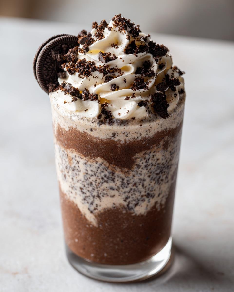 A tall glass filled with a layered chocolate and vanilla Oreo Milkshake, topped with whipped cream and cookie crumbs.