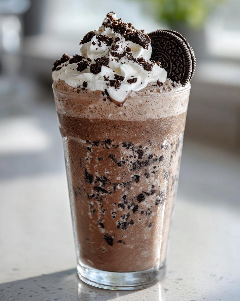 A tall glass filled with a thick, blended Oreo Milkshake, topped with whipped cream and cookie crumbles.